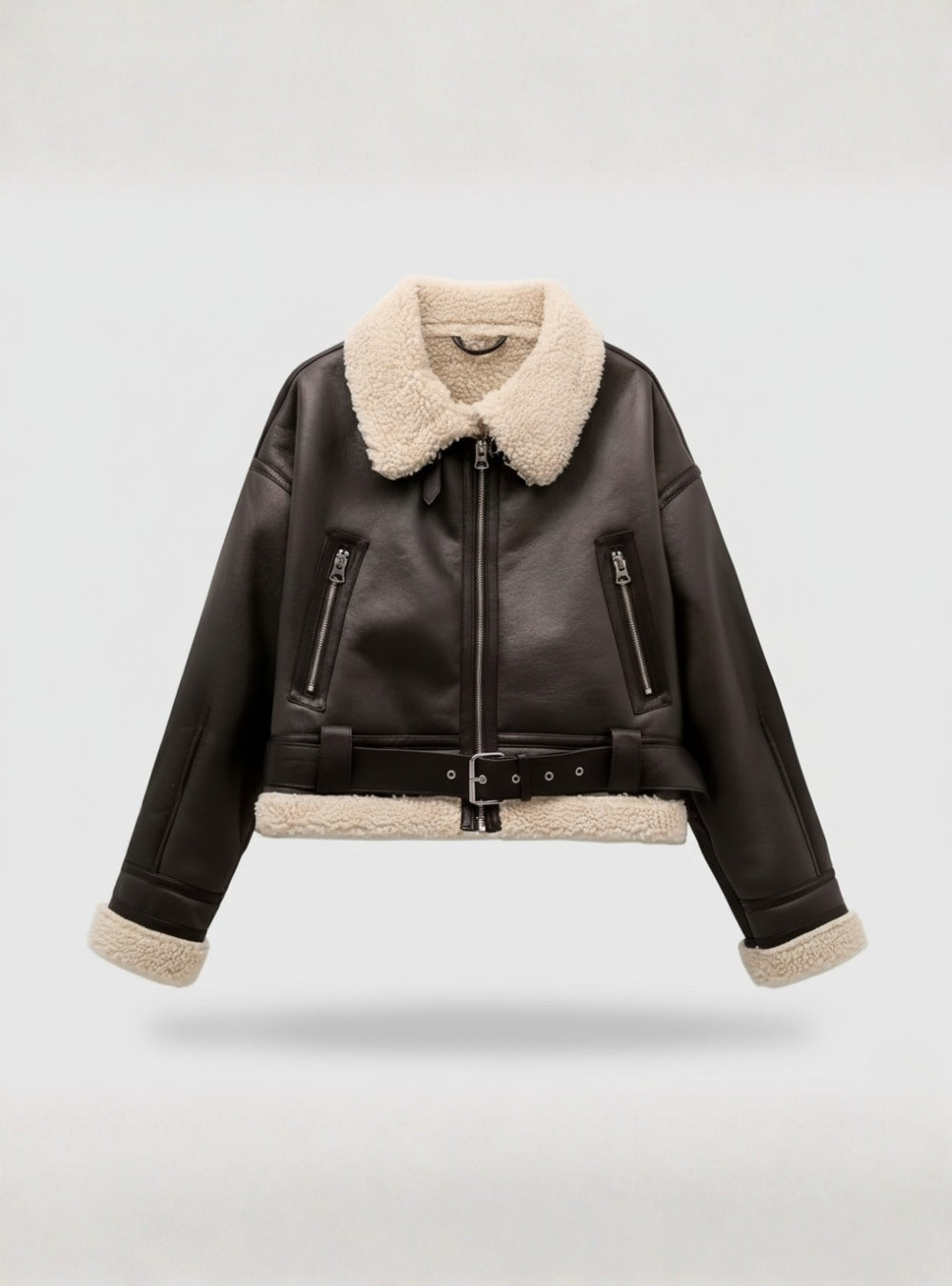 Luxuriöse Lammfell-Bikerjacke - Aviator Style