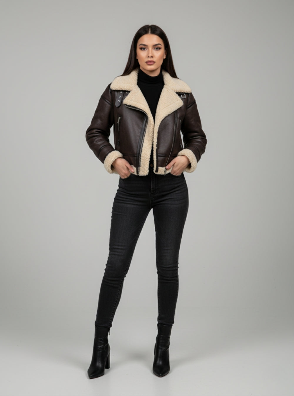 Luxuriöse Lammfell-Bikerjacke - Aviator Style